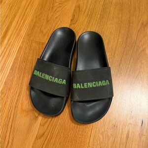 Balenciaga Black Slides with Green Branding